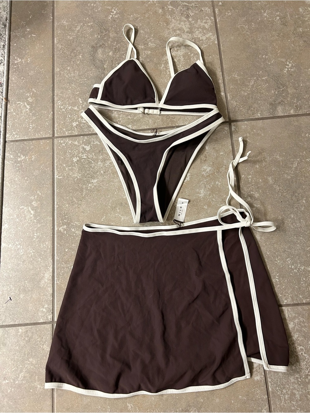Triangle Bikini Set with Skirt in Dark Brown with Cream Trim (Bin A)